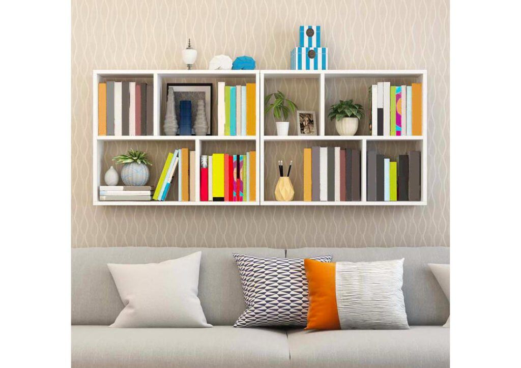 wall mounted shelving tiny living room space